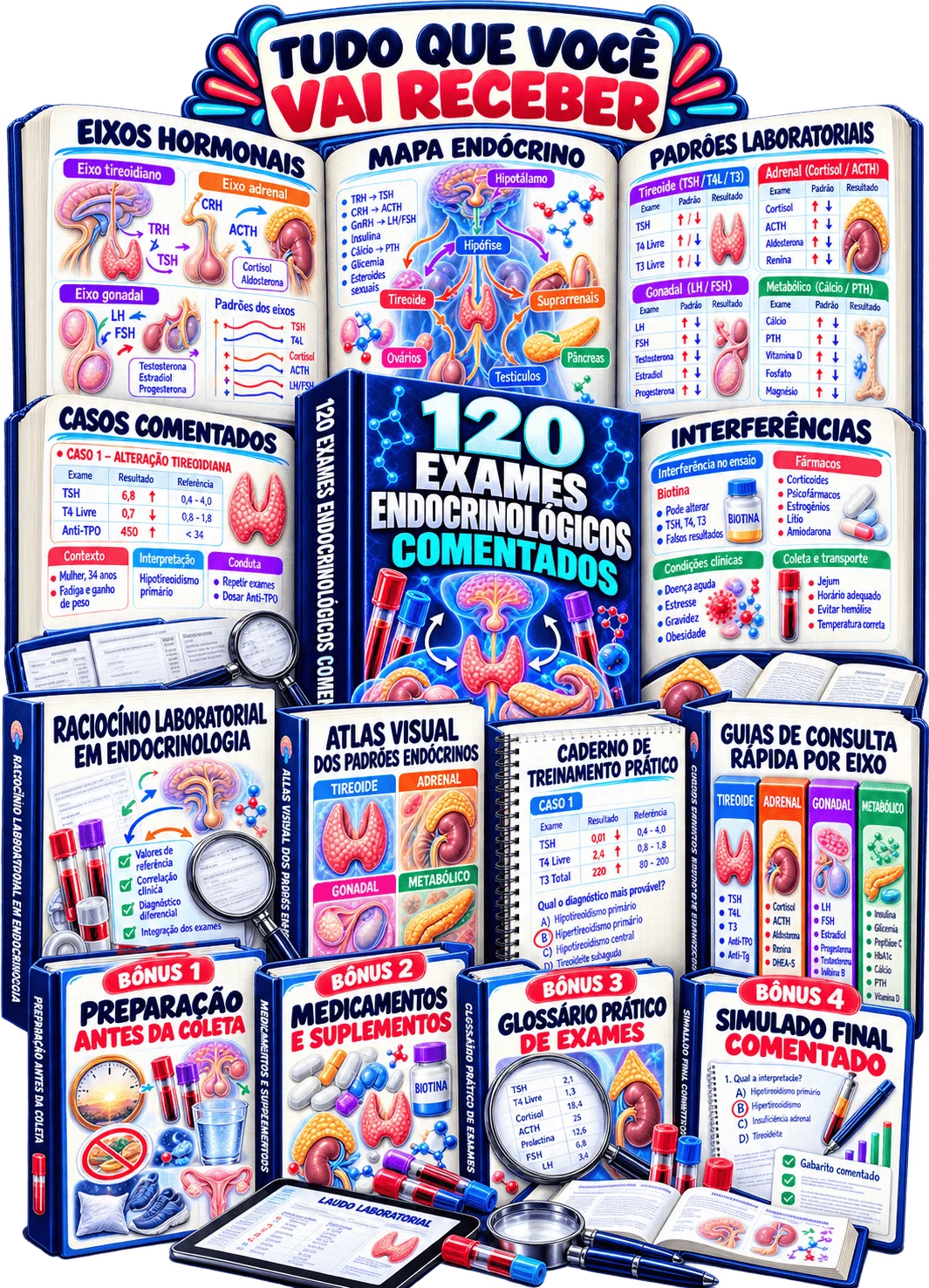 Tudo que você recebe — Kit 120 Exames Endocrinológicos Comentados